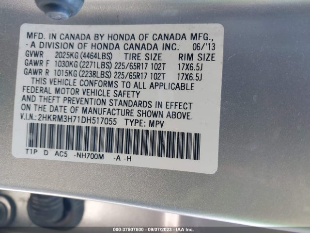 2013 HONDA CR-V EX-L VIN: 2HKRM3H71DH517055