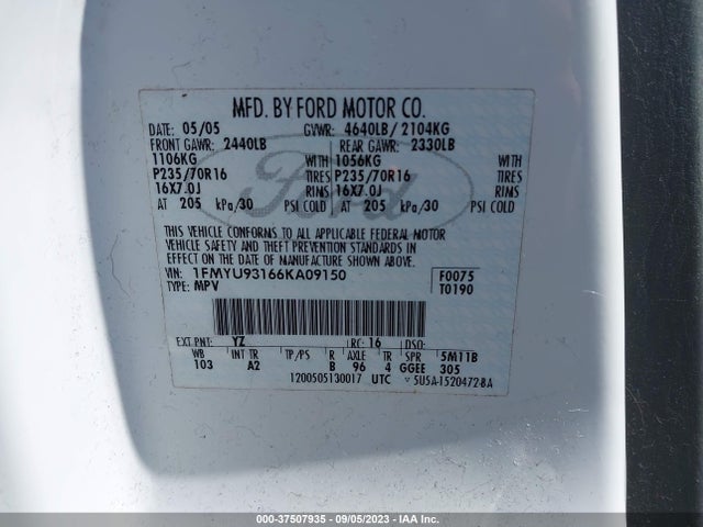 2006 FORD ESCAPE XLT VIN: 1FMYU93166KA09150