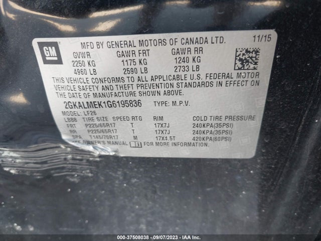 GMC Terrain Sle 2016 2GKALMEK1G6195836 Image 8
