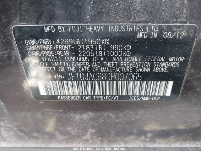 2013 SUBARU IMPREZA SEDAN PREMIUM VIN: JF1GJAC68DH007065