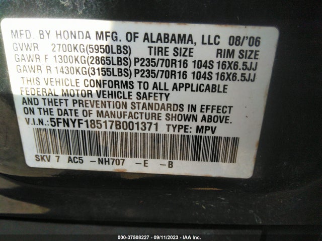 2007 HONDA PILOT EX-L VIN: 5FNYF18517B001371