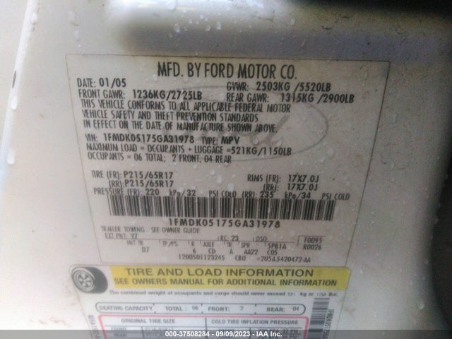 2005 FORD FREESTYLE SEL VIN: 1FMDK05175GA31978