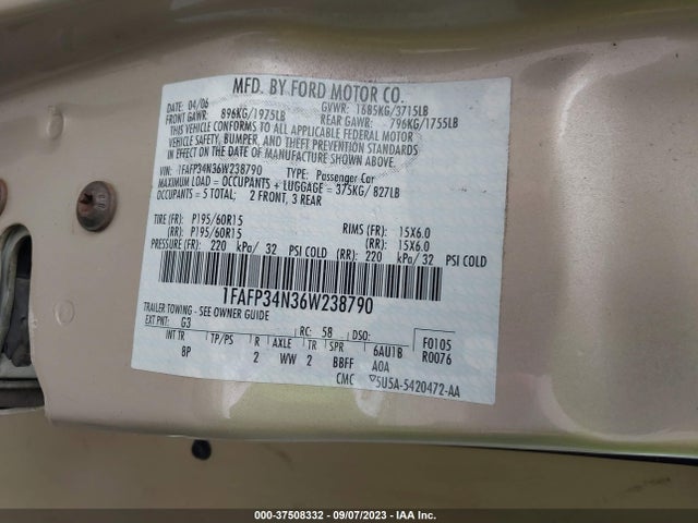 2006 FORD FOCUS S/SE/SES VIN: 1FAFP34N36W238790