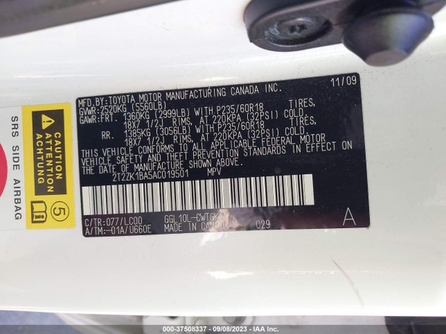 2010 LEXUS RX 350 VIN: 2T2ZK1BA5AC019501