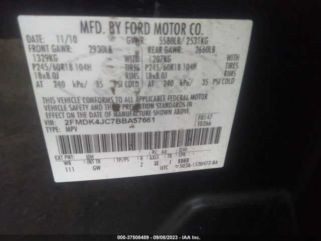 2011 FORD EDGE SEL VIN: 2FMDK4JC7BBA57661