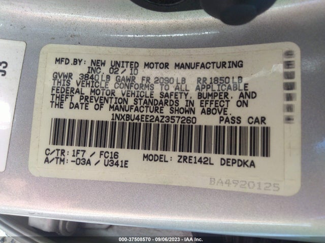 2010 TOYOTA COROLLA VIN: 1NXBU4EE2AZ357260