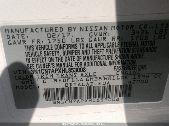 3N1CN7APXHL853008 Nissan Versa Sedan S Plus