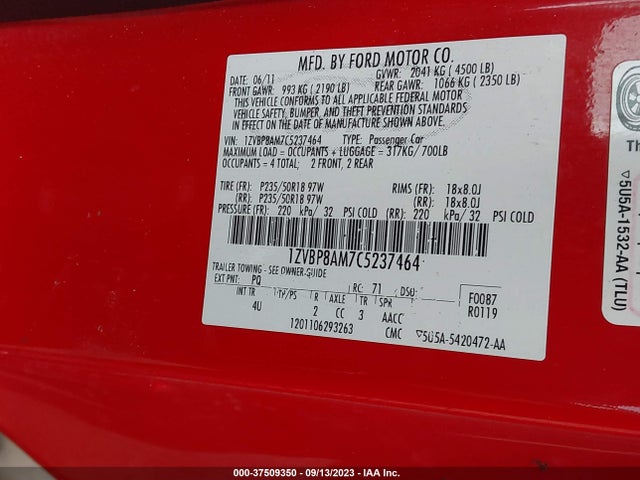 2012 FORD MUSTANG V6 VIN: 1ZVBP8AM7C5237464
