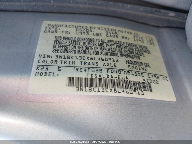 2008 NISSAN VERSA 1.8 S VIN: 3N1BC13EX8L460913