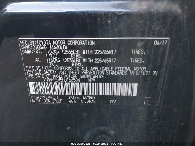 2017 TOYOTA RAV4 XLE VIN: JTMRFREV5HJ166504