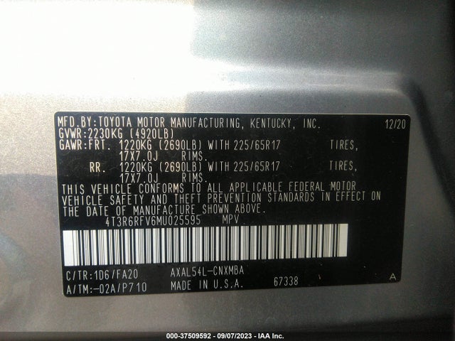 2021 TOYOTA RAV4 HYBRID VIN: 4T3R6RFV6MU025595