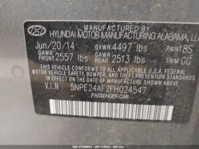 2015 HYUNDAI SONATA 2.4L SE VIN: 5NPE24AF2FH024547