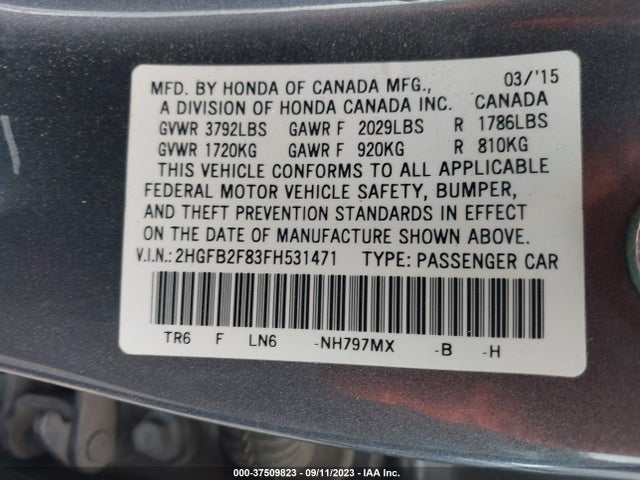 Honda Civic Sedan Ex 2015 2HGFB2F83FH531471 Image 9
