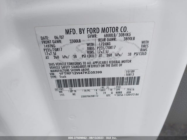 2007 FORD F-150 XL/STX/XLT VIN: 1FTRF12W47KD35399