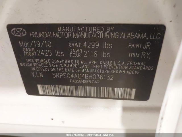 2011 HYUNDAI SONATA SE VIN: 5NPEC4AC4BH036132