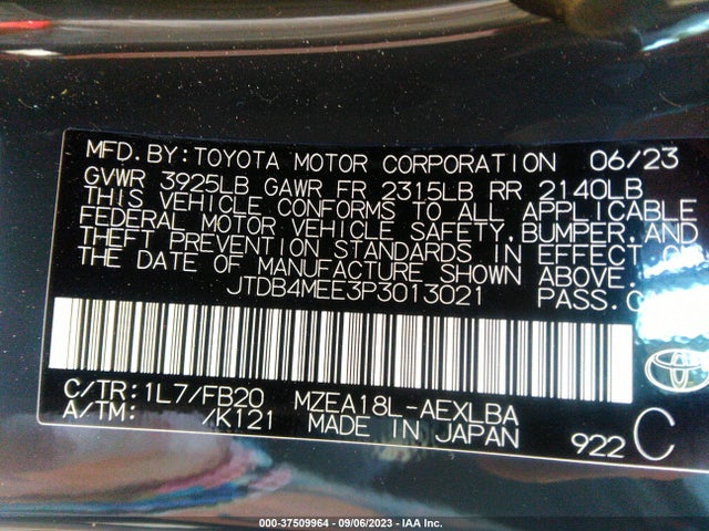2023 TOYOTA COROLLA LE VIN: JTDB4MEE3P3013021