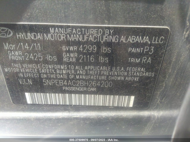 2011 HYUNDAI SONATA GLS PZEV VIN: 5NPEB4AC2BH264200