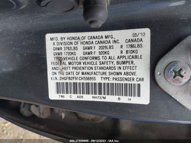 2012 HONDA CIVIC SDN EX-L VIN: 2HGFB2F91CH556955