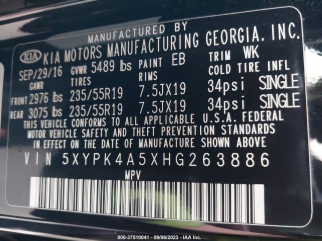 5XYPK4A5XHG263886 KIA Sorento Sx V6