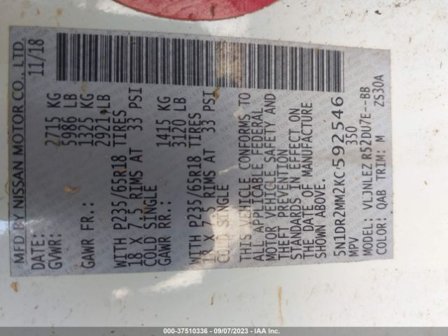 5N1DR2MM2KC592546 Nissan Pathfinder Sv
