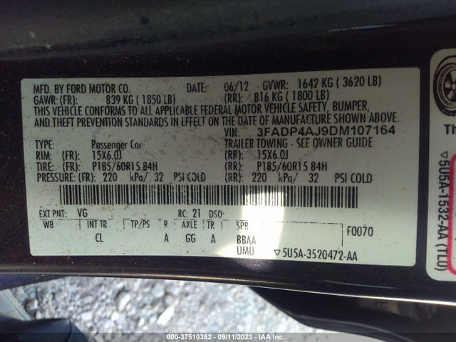 2013 FORD FIESTA S VIN: 3FADP4AJ9DM107164