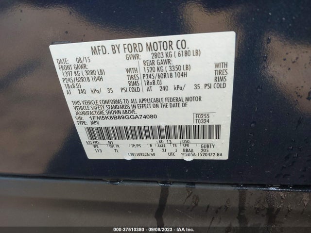 2016 FORD EXPLORER BASE VIN: 1FM5K8B89GGA74080
