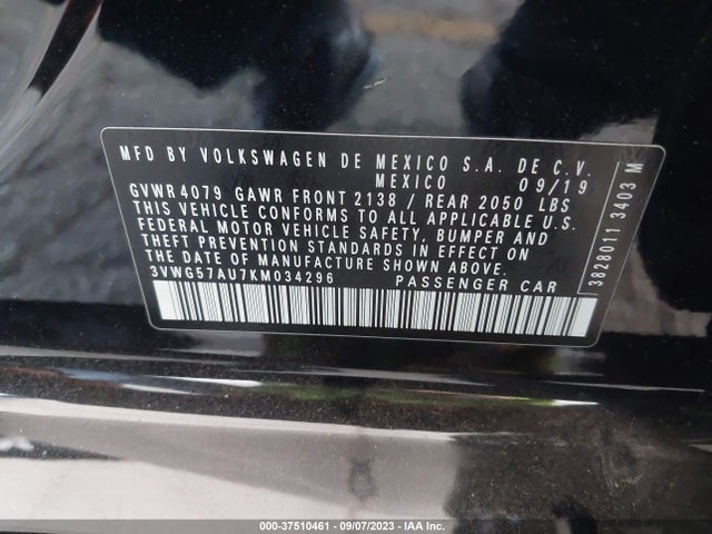 3VWG57AU7KM034296 Volkswagen GOLF S/SE