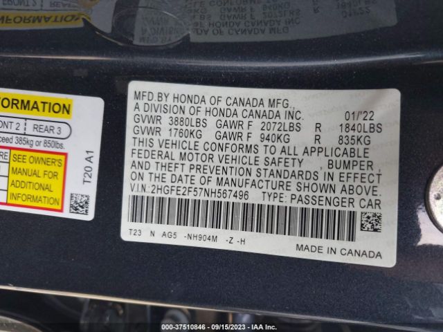 2HGFE2F57NH567496 Honda Civic Sedan Sport
