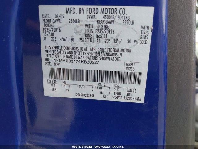 2006 FORD ESCAPE XLT VIN: 1FMYU03176KB20527