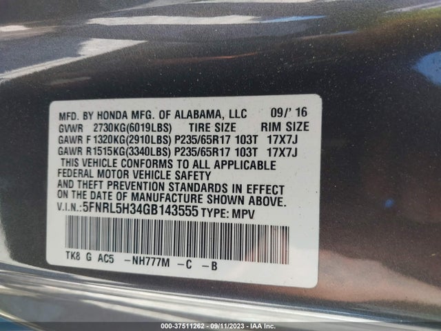 Honda ODYSSEY SE 2016 5FNRL5H34GB143555 Image 9