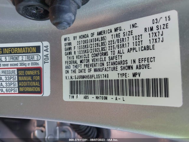 Honda CR-V EX 2015 5J6RM4H58FL051749 Image 9