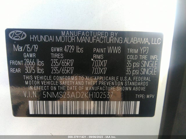 2019 HYUNDAI SANTA FE SE VIN: 5NMS23AD2KH102537