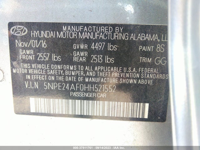 2017 HYUNDAI SONATA 2.4L VIN: 5NPE24AF0HH521552