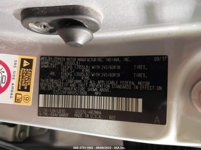 2017 TOYOTA HIGHLANDER XLE/SE VIN: 5TDJZRFH8HS521908