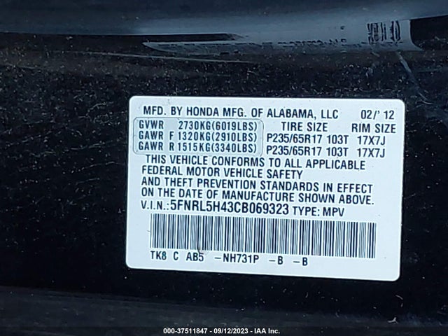 2012 HONDA ODYSSEY EX VIN: 5FNRL5H43CB069323