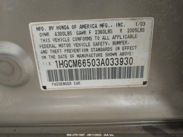 2003 Honda Accord Sdn Ex მანქანა იყიდება აუქციონზე, vin: 1HGCM66503A033930, აუქციონის ნომერი: 37511897
