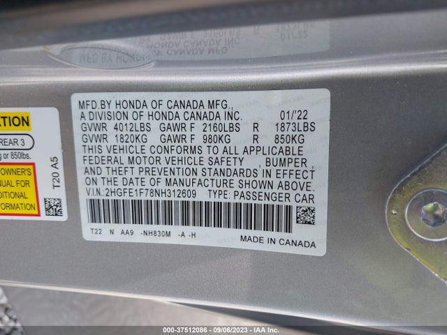 Honda Civic Sedan Ex 2022 2HGFE1F78NH312609 Image 9