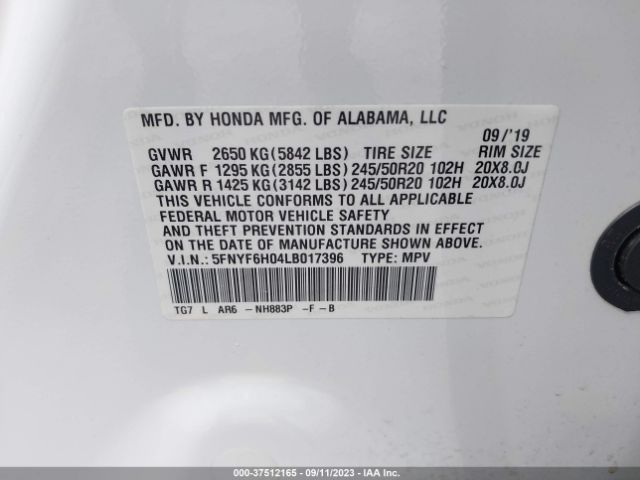 5FNYF6H04LB017396 Honda Pilot Elite