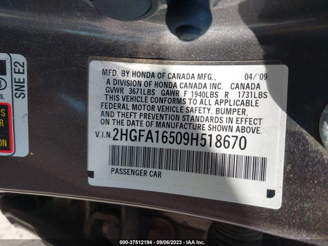 2009 HONDA CIVIC SDN LX VIN: 2HGFA16509H518670