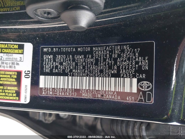 2017 TOYOTA COROLLA L/LE/XLE/SE VIN: 2T1BURHE2HC856063