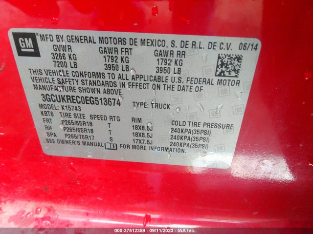 2014 CHEVROLET SILVERADO 1500 LT VIN: 3GCUKREC0EG513674