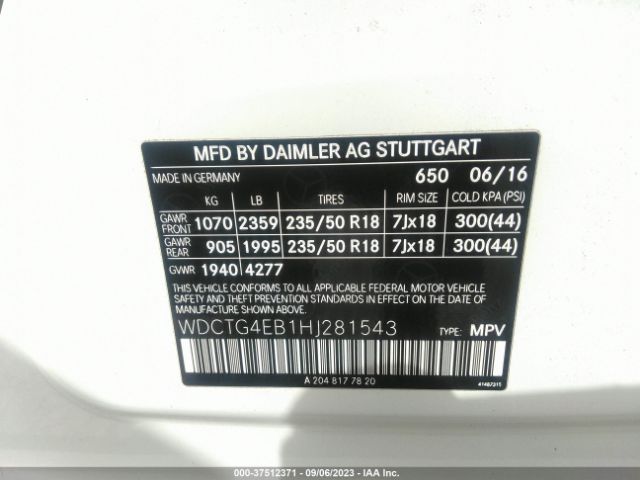 WDCTG4EB1HJ281543 Mercedes-Benz Gla Gla 250