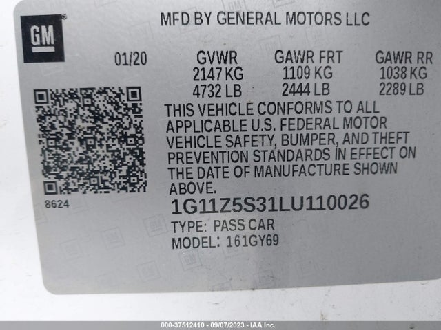 2020 CHEVROLET IMPALA LT VIN: 1G11Z5S31LU110026