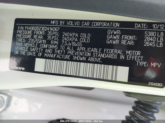2013 VOLVO XC60 T6 VIN: YV4902DZ3D2414067