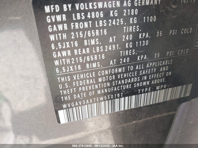 WVGAV3AX7EW550167 Volkswagen TIGUAN S