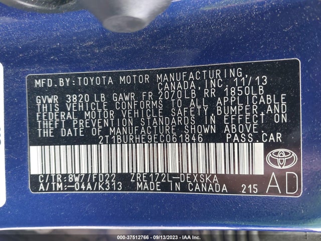2014 TOYOTA COROLLA L/LE/S/S PLUS/LE PLUS VIN: 2T1BURHE9EC061846