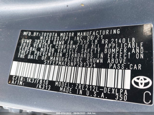 2022 TOYOTA COROLLA LE VIN: 5YFEPMAE6NP281334