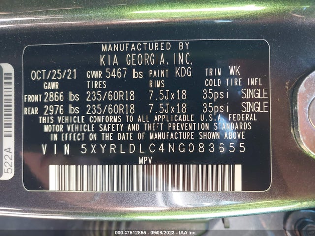 2022 KIA SORENTO X-LINE S VIN: 5XYRLDLC4NG083655