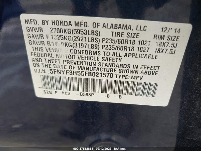 Honda Pilot Ex-l 2015 5FNYF3H55FB021570 Image 9