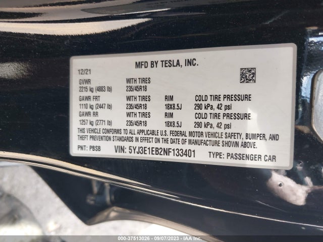 5YJ3E1EB2NF133401 Tesla Model 3 Long Range
